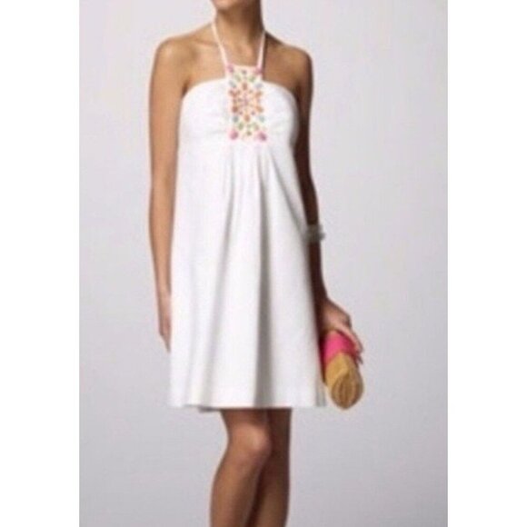 LILLY PULITZER White Jacquard Halter Dress Beaded Apron Size 2 Summer Preppy - Picture 2 of 11